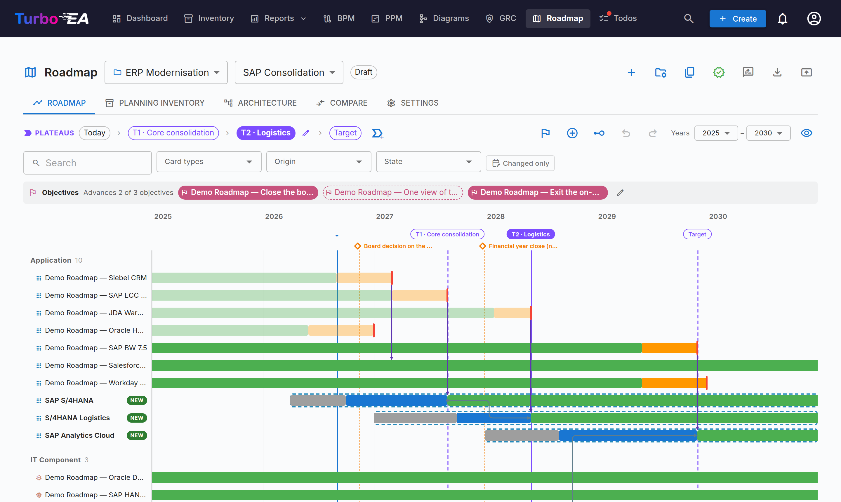 Roadmap Studio scenario roadmap with swimlanes, planned cards and named plateaus