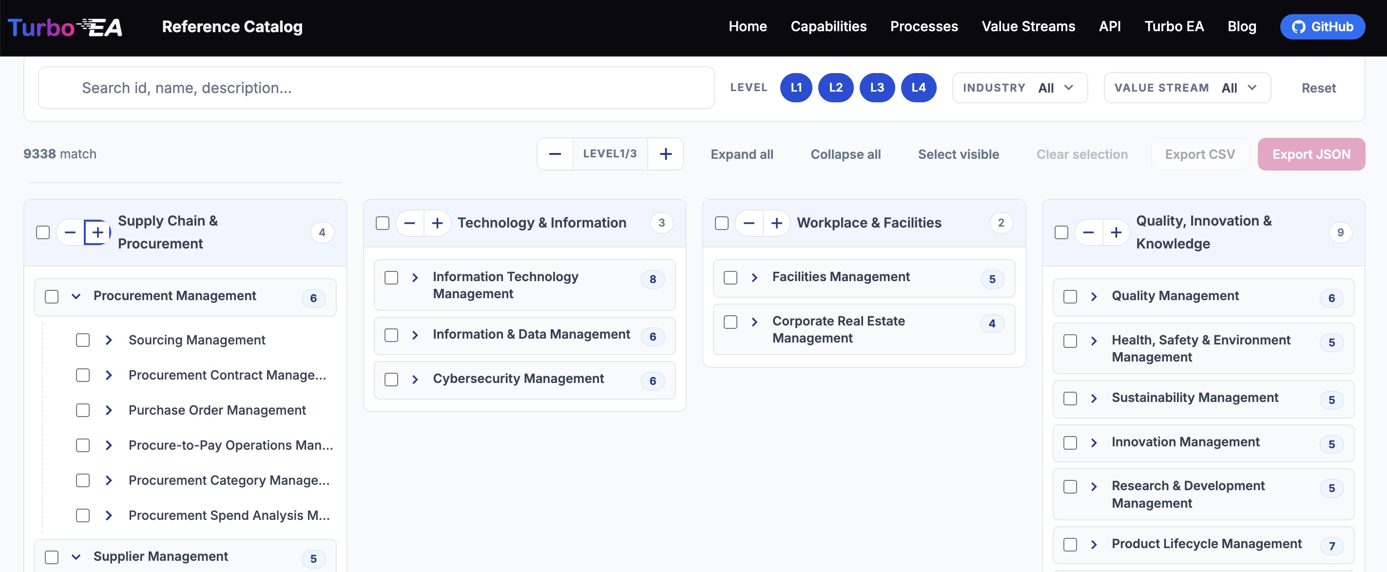 Screenshot of the Turbo EA Reference Catalog showing capability cards grouped by domain, with 9,338 nodes available