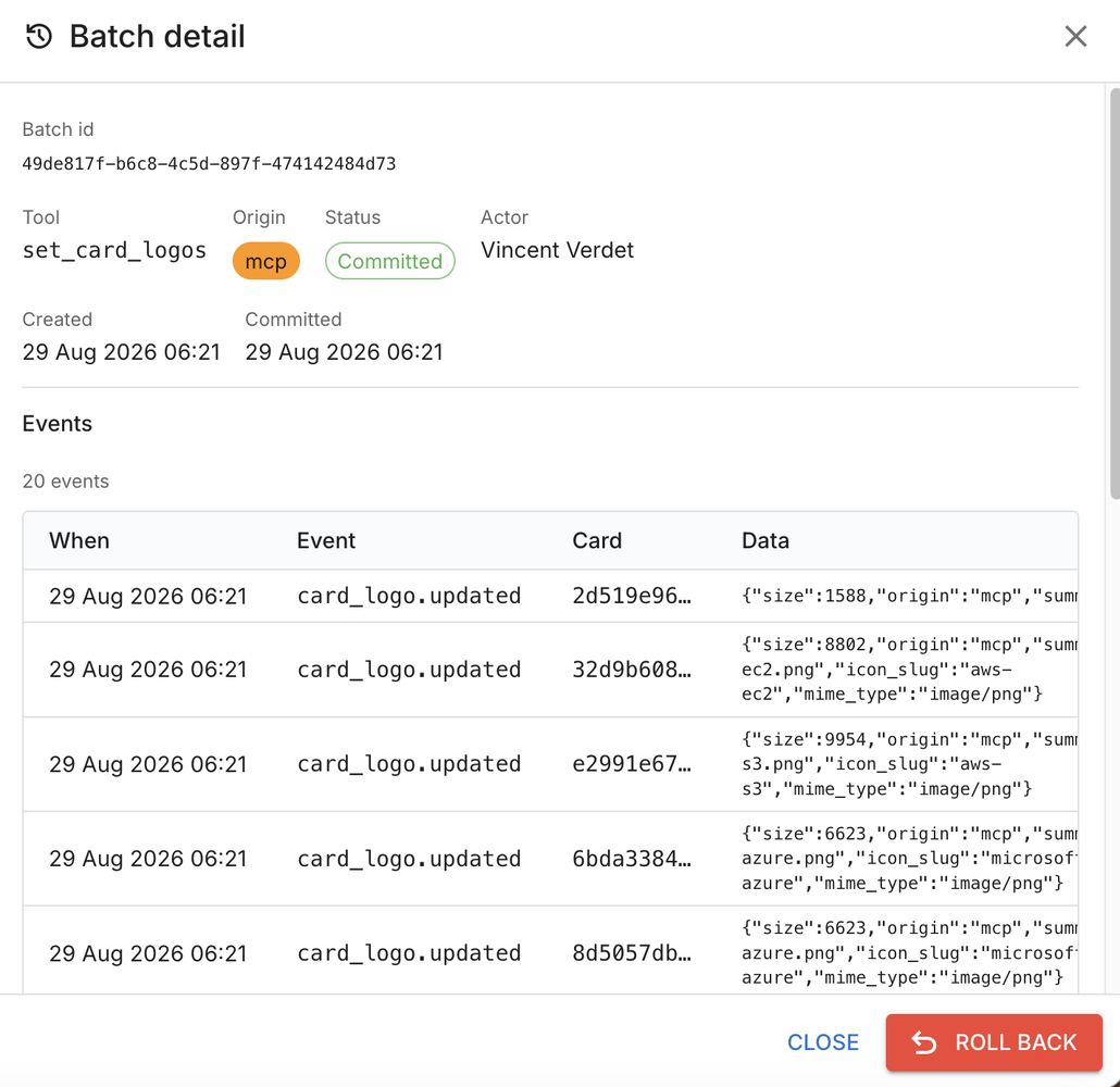 Batch detail panel showing the batch id, tool, origin, status, actor, timestamps, twenty recorded events and a roll back action.