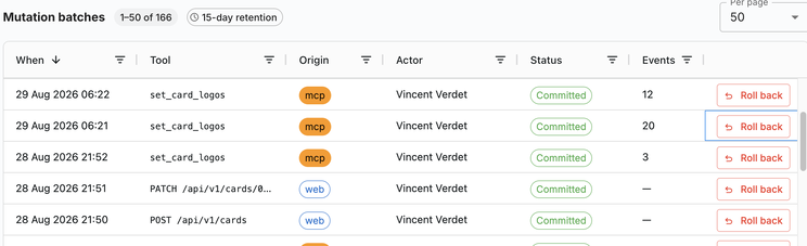 Mutation batches list showing when, tool, origin, actor, status, event count and a roll back button on every row.