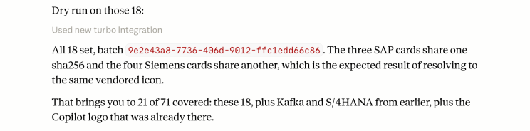 Transcript of a dry run reporting eighteen cards set in one batch, with the shared logo hashes explained.
